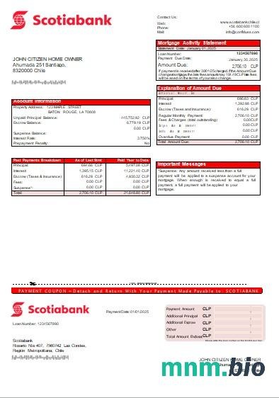 Chile Bank Scotiabank wyciąg z kredytu hipotecznego szablon Word i PDF